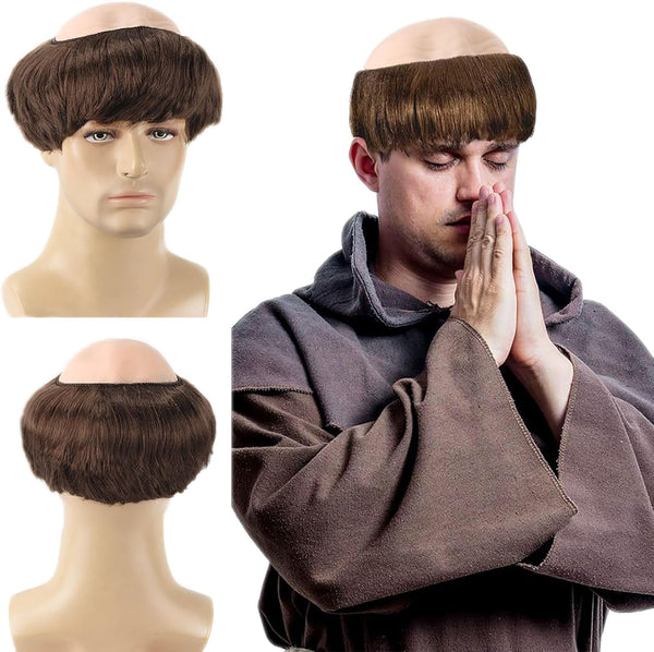 Brown Monk Wig Short Straight Hair, Monk Fancy Dress Bowl Cut Funny Costume Wig Bald Head Cap with Brown Friar Hair Cut, Men'S Party Halloween Old Man Cosplay