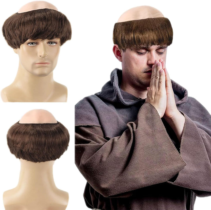 Brown Monk Wig Short Straight Hair, Monk Fancy Dress Bowl Cut Funny Costume Wig Bald Head Cap with Brown Friar Hair Cut, Men'S Party Halloween Old Man Cosplay