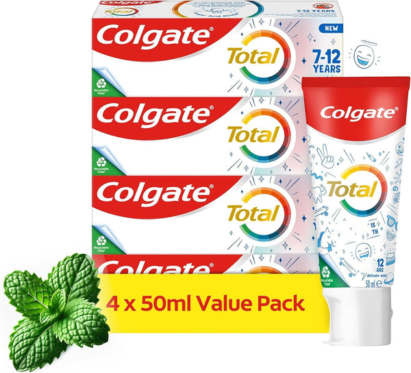 Total Toothpaste for Kids 7-12 Years - 4 Pack 50Ml Tubes - Whole Mouth Protection - Mild Mint Flavour - Fluoride Toothpaste
