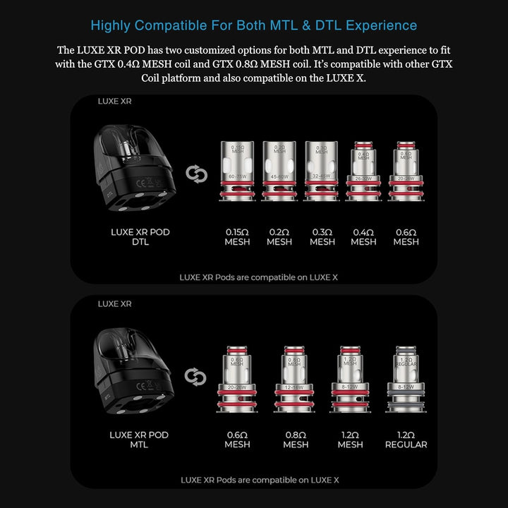 Vaporesso Luxe XR Pod [MTL - Large] 2 Pack - COMPATIBLE WITH: Vaporesso Luxe X Kit, Luxe X2 Kit, Luxe XR Kit, Luxe X Pro Kit, Luxe XR Max Kit and GTX Coils - Bottom-Fill, MTL Vaping - Nicotine Free