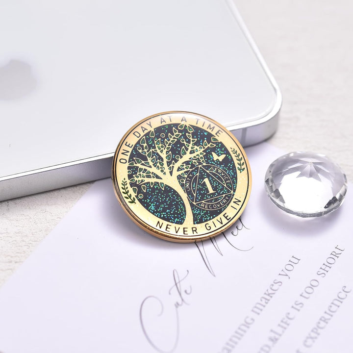 24 Hours, 1/2 Yearsobriety Chip, Tree of Life Recovery Coin, AA Recovery Medallion, Anniversary Token Sobriety Gifts, Alcoholics Anonymous Medallion (1 Year)