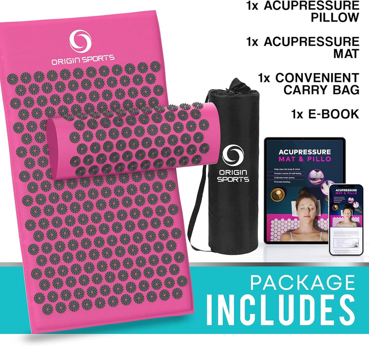 Acupressure Body Mat and Pillow - Yantra Shakti Massage Mat Long - Relieve Back and Neck Pain, Relax Muscles, Relieve Insomnia - Includes Washable Cover, Travel Bag