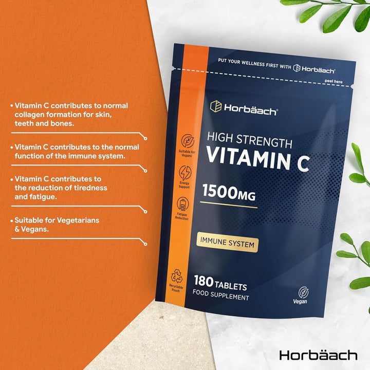 Vitamin C Tablets 1500Mg | 180 Count | High Strength Vitamin C as Ascorbic Acid | Suitable for Vegetarian and Vegan | by