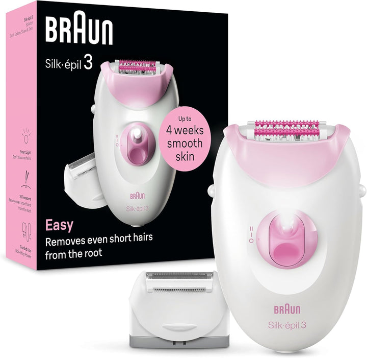 Silk-Épil 3, Corded Epilator for Hair Removal, Weeks of Smooth Skin, with Lady Shaver Head & Trimmer Comb, 3-031, Pink