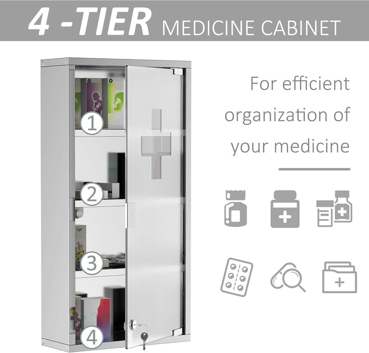 4 Tier Stainless Steel Wall Mounted Medicine Cabinet Glass Lockable Door Storage Shelves Houseware Bathroom Furniture 60Hx30Wx12D(Cm) W/2 Keys
