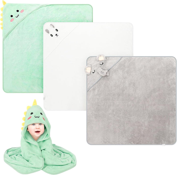3 Pcs Hooded Baby Towels, Ultra Soft Newborn Towels with Hood, Cute Animal Design Absorbent Baby Bath Towels for Newborn Boys and Girls, 80X80Cm