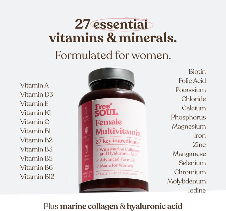 Women'S Multivitamins & Minerals with Marine Collagen & Hyaluronic Acid | 27 Essential Vitamins, Minerals, & Botanicals | Gluten-Free & No Synthetic Fillers or Binders | 60 Tablets |