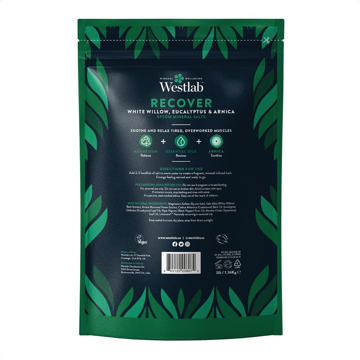 - 1Kg - Recover Epsom Salts Infused with White Willow & Eucalyptus - Soothe Sore Muscles and Boost Recovery - Resealable Pouch