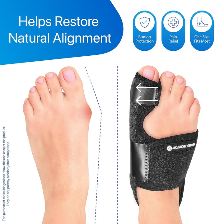 Bunion Corrector for Women and Men | Silicone Toe Separators | Toe Spacers | Toe Straighteners | Set: 2X Bunion Splints, 2X Big Toe Straighteners, 1X Bunion Relief Guide (Black)