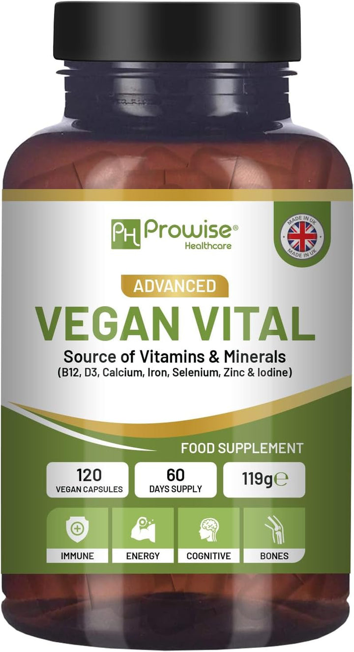 Vegan Vital Multivitamins and Minerals | 120 Vegan Multivitamin Capsule | Calcium, Vitamin B12, Vitamin B2, Vitamin D3, Selenium, Iodine, Zinc & Iron | by Prowise Healthcare