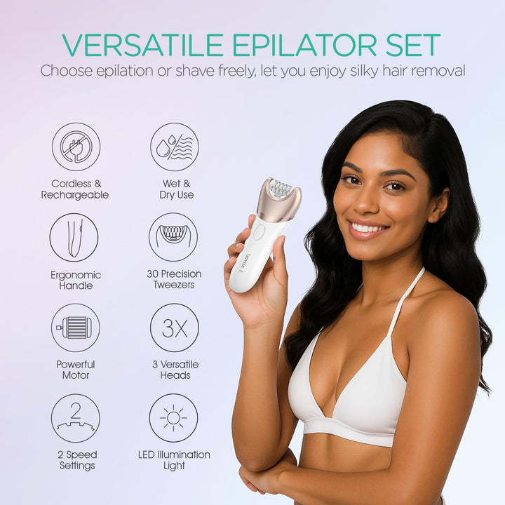Epilator for Women Cordless & Rechargeable, Epilator Hair Removal with 30 Tweezers,3 in 1 Epilators with Electric Lady Shaver and Foot File,Hair Removal Device for Arm Leg BM300 (Champagne Gold)