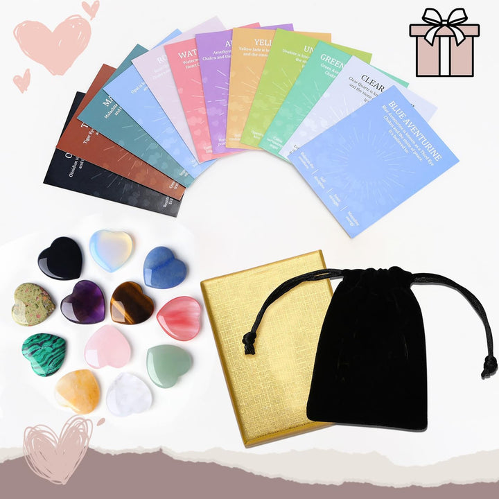 24 Pcs Crystal Gifts for Women Heart Crystals Set Assorted Healing Crystal Stones for Beginners Polished Pocket Stone Spiritual Gifts for Women（12Pcs Crystals ＆ 12Pcs Cards）