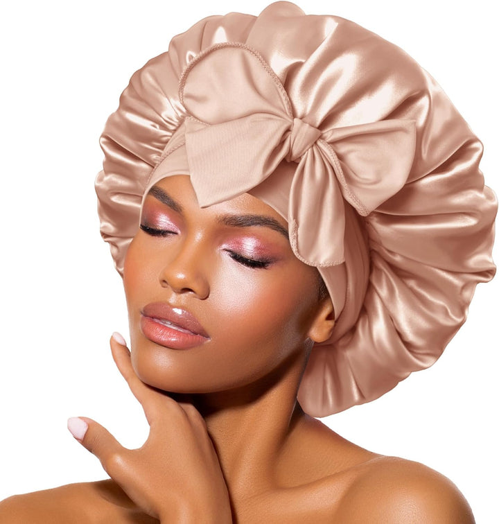 Silk Bonnet for Sleeping for Curly Hair, Satin Bonnet Hair Wrap for Women & Men, Adjustable Silk Scarf Night Cap with Tie Band, Champagne