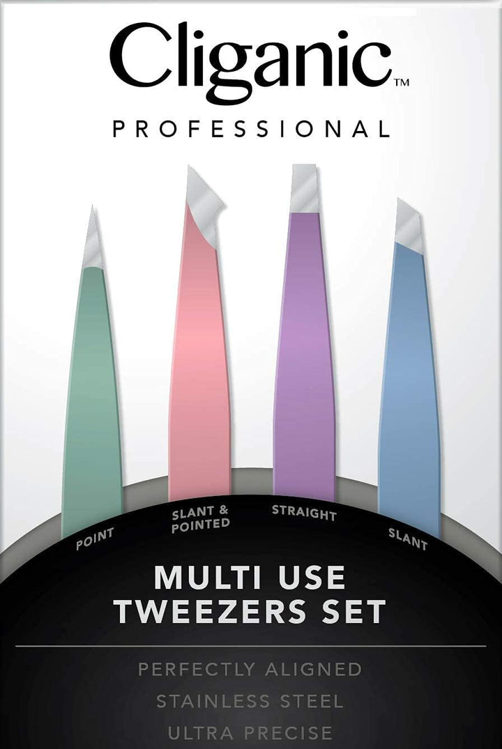 4-Piece Professional Tweezers Set with Case | Stainless Steel | Best Precision for Eyebrow, Splinter & Ingrown Hair Removal | Includes: Slant, Point, Straight, & Point/Slant
