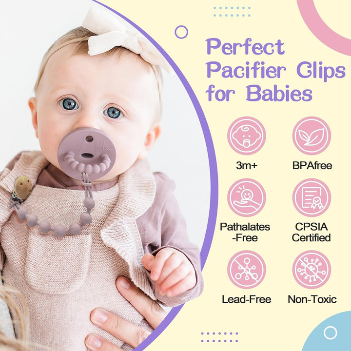 Dummy Clip, 2 PCS Premium Silicone Smoother Chains, Dummy Clip for Boys Girls, BPA Free One-Piece Design Pacifier Clips, Easy for Parents (Cream Whtite+Purple) (Apricot+Sage)