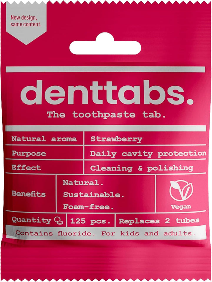 Strawberry Teeth Cleaning Tablets with Fluoride – Pack of 125, Natural Toothpaste Tablets for Adults & Kids, Vegan & Eco-Friendly, Cavity Prevention