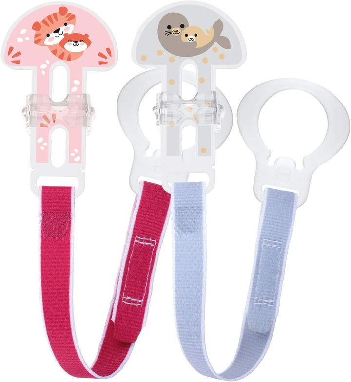 Dummy Clip | 2 Pack | Baby Soother Clips Fit All  Soothers | Adjustable Length and Lightweight Design | Baby Accessories | White with Blue Strap | Dummies Not Included