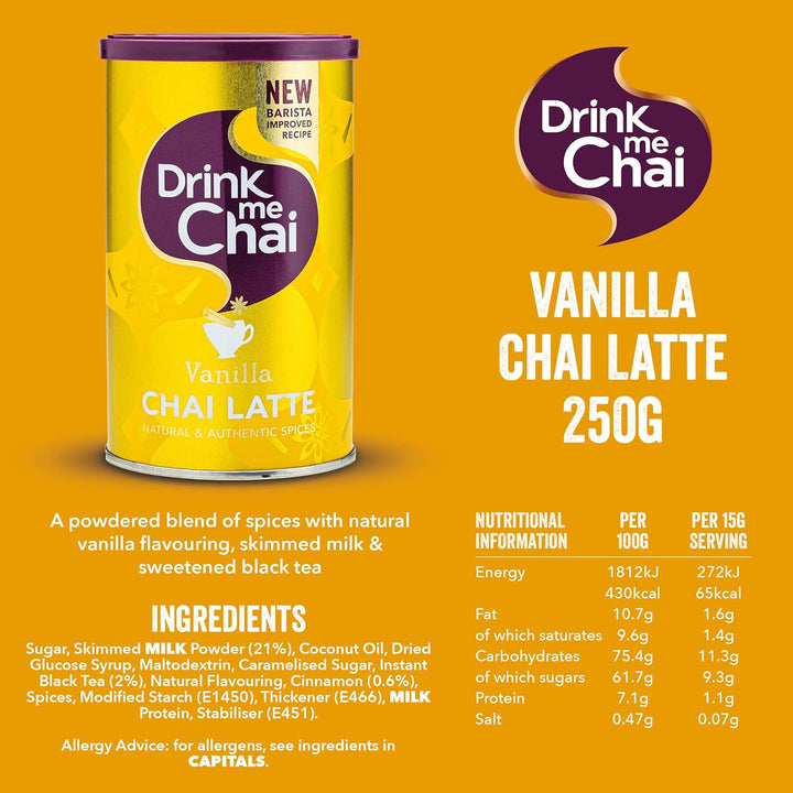 Vanilla Chai Latte 250G - Just Add Water, Vanilla Chai Latte Powder (Vanilla, Pack of 1)
