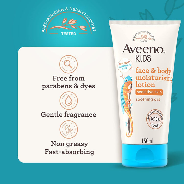 Aveeno Kids Face & Body Moisturising Lotion (1 X 150Ml), Non-Greasy and Fragrance-Free Moisturiser Enriched with Soothing Oat, Face and Body Lotion for Kids' Sensitive and Developing Skin
