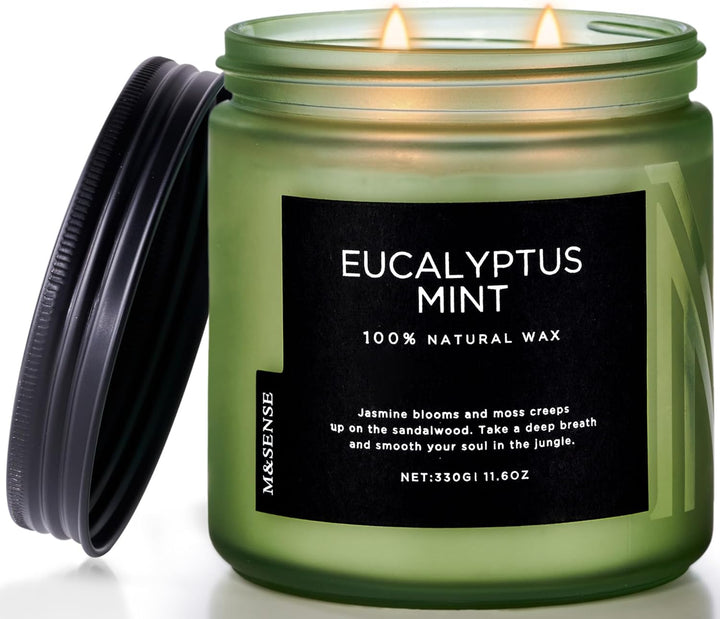 Eucalyptus Mint Soy Candles for Home Scented, 330G 70 Hour Burn Aromatherapy Candle Gift for Stress Relief, Meditation, Yoga, Relaxing SPA, Reusable Jar Candles for Men and Women