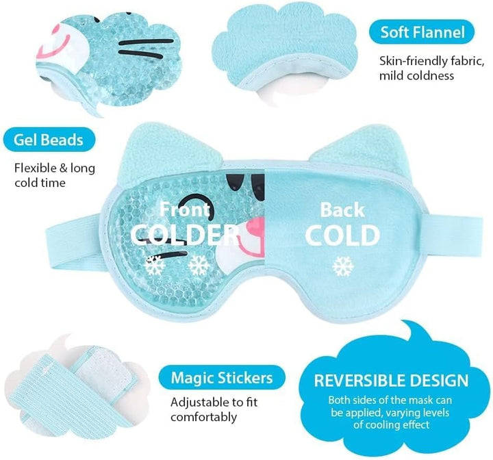 Gel Eye Mask - Reusable Hot/Cold Therapy Cooling Eye Mask with Plush Backing, Relief for Puffy Eyes, Dark Circles, Swollen Eyes, Headache, Migraine - Blue Cat