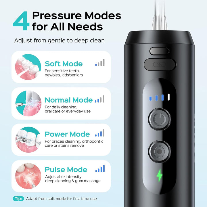 Mini Water Flosser for Travel: Portable Compact Design - Removable Tank for Easy Cleaning - 4 Modes IPX7 Electric Flosser for Braces/Orthodontic/Sensitive Gums On-The-Go Use, Black(T40)