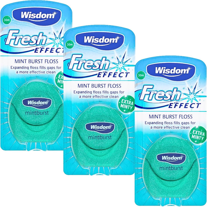Wisdom Fresh Effect Dental Floss - Pack of 3 X 30M | Mint Flavoured Expanding Waxed Floss for Plaque Removal & Gum Health | Shred-Resistant Teeth Cleaning Floss for Tight Spaces