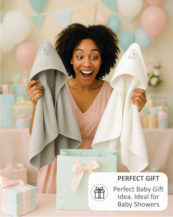 Newborn Essentials 100% Cotton Embroidered Hooded Baby Towel 70 X 70Cm for Baby Boys and Girls 0-24 Months (2-Packs)