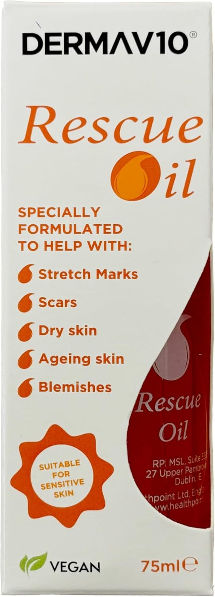 Derma V10 Rescue Oil, Reduce Appearance of Stretch Marks Scar Tissue, Dry, Dehydrated Skin, after Sun, Ageing, Blemishes, Clinically Tested, Paraben Free, Vegan Friendly, Made in the UK