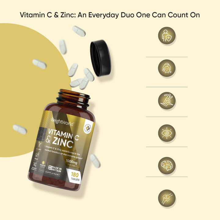 Vitamin C and Zinc Supplements - 6 Months Supply - 180 Tablets - 1 per Day - 1000Mg L-Ascorbic Acid & 10Mg Zinc Bisglycinate - Vegan-Friendly & Non-Gmo - Vitamin C Tablets for Men & Women