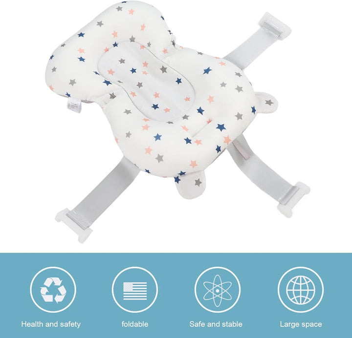 Floating Baby Bath Seat Cushion, Newborn Tub Supporter with Safety Belts Adjustable Foldable, Baby Bath Seat Cushion, 3 Snap Safety Belts for Infant Newborn (White Stars)