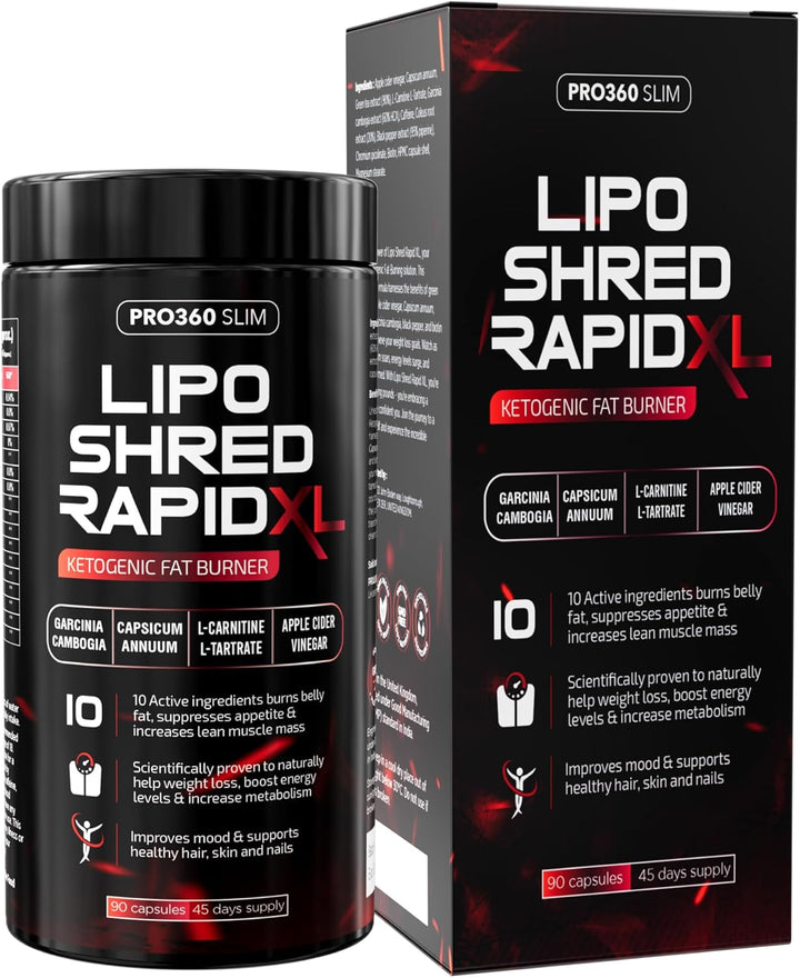 Lipro Shred Rapid XL Fast-Acting Weight Loss Fat Burner & Appetite Suppressant – Triple Action with Apple Cider Vinegar, Garcinia Cambogia, Green Tea – Boosts Energy, Burns Fat, Increases Metabolism