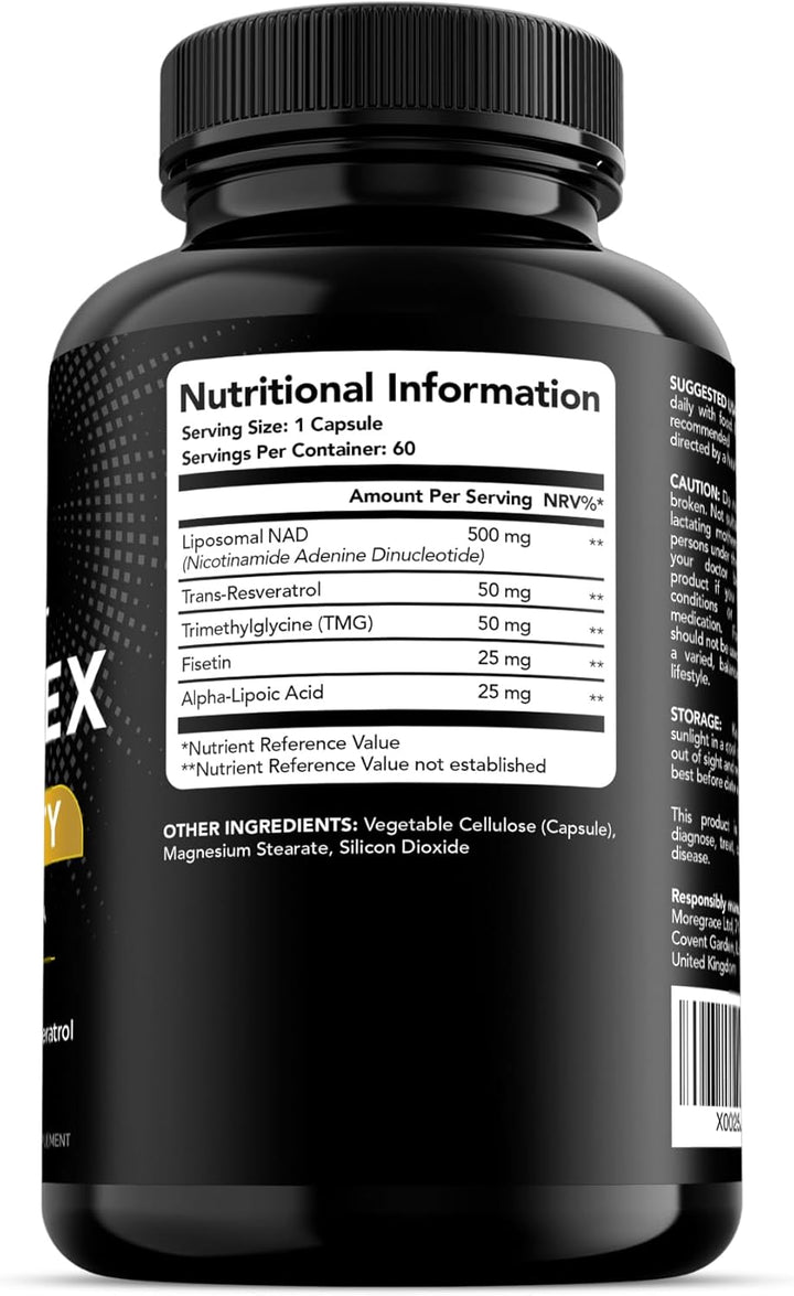NAD+ Supplement 650Mg (5 in 1 Complex) 60 Caps, 2 Month Supply | UK Made | Boost NAD Levels | Resveratrol TMG Fisetin ALA | Liposomal High Bioavailability | Anti-Aging, High Strength