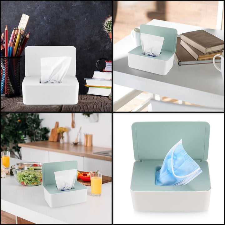 2 PCS Wipes Dispenser Case Box, Baby Dry Wet Tissue Paper Holder, Storage with Lid, Keep Fresh (White + Green Cover)
