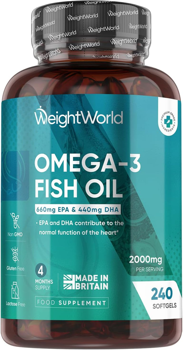 Omega 3 Fish Oil 2000Mg - 240 Softgels (4 Months Supply) - 660Mg EPA & 440Mg DHA - Omega 3 Fatty Acids Supplements - Fish Oil Capsules - Made in the UK - Gluten-Free & Lactose-Free Capsules