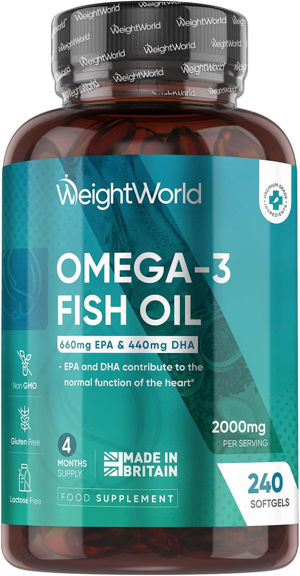 Omega 3 Fish Oil 2000Mg - 240 Softgels (4 Months Supply) - 660Mg EPA & 440Mg DHA - Omega 3 Fatty Acids Supplements - Fish Oil Capsules - Made in the UK - Gluten-Free & Lactose-Free Capsules