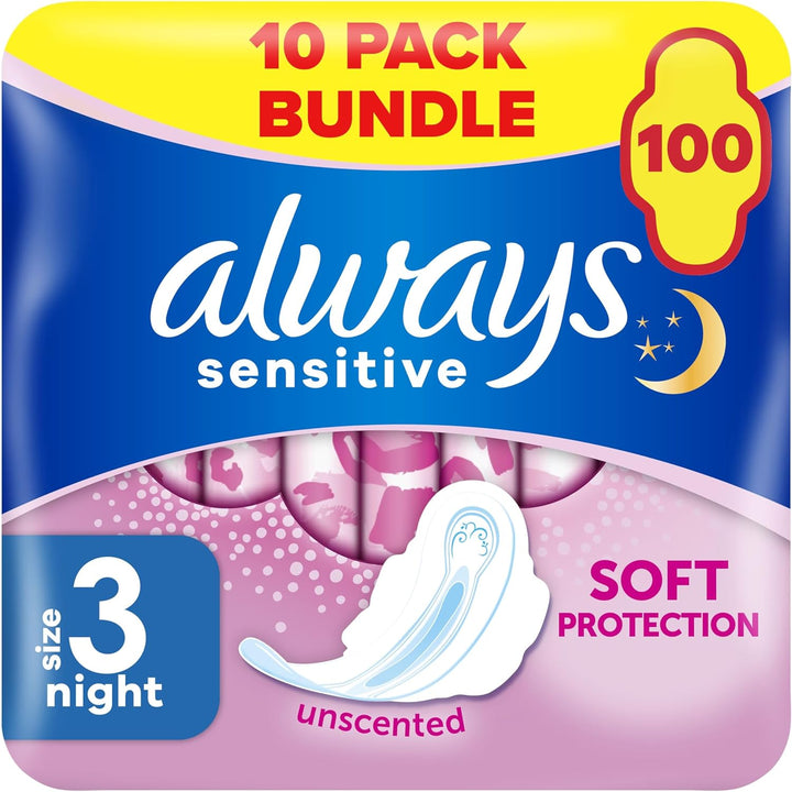 Sensitive Ultra Night Sanitary Towels with Wings, Size 3, 100 Towels (10 X 10 Packs), Saving Box, Odour Neutraliser, Super Absorbent Core, Packaging May Vary