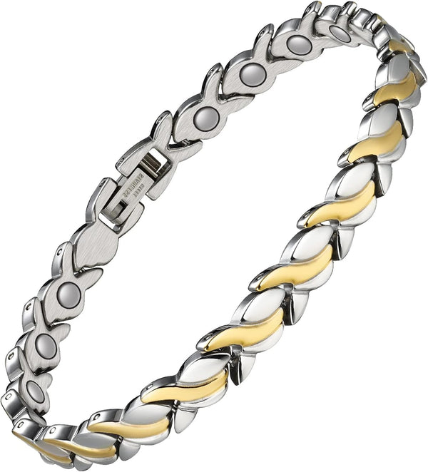 Magnetic Bracelets for Women,Titanium Steel Ladies Magnetic Bracelets,Adjustable Wristband Include Sizing Tool in Gift Box(Fish Tail Design-Silver Gold)