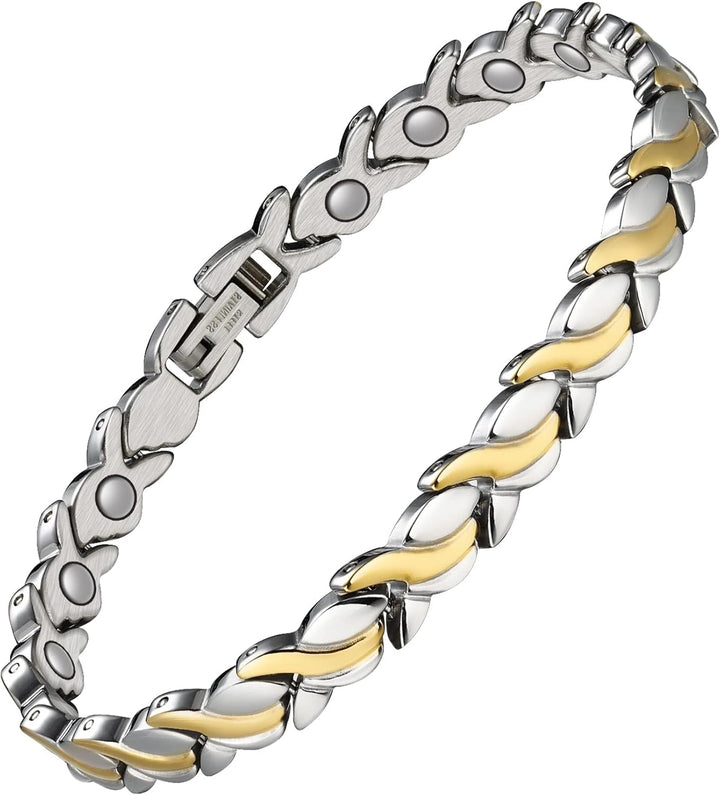 Magnetic Bracelets for Women,Titanium Steel Ladies Magnetic Bracelets,Adjustable Wristband Include Sizing Tool in Gift Box(Fish Tail Design-Silver Gold)