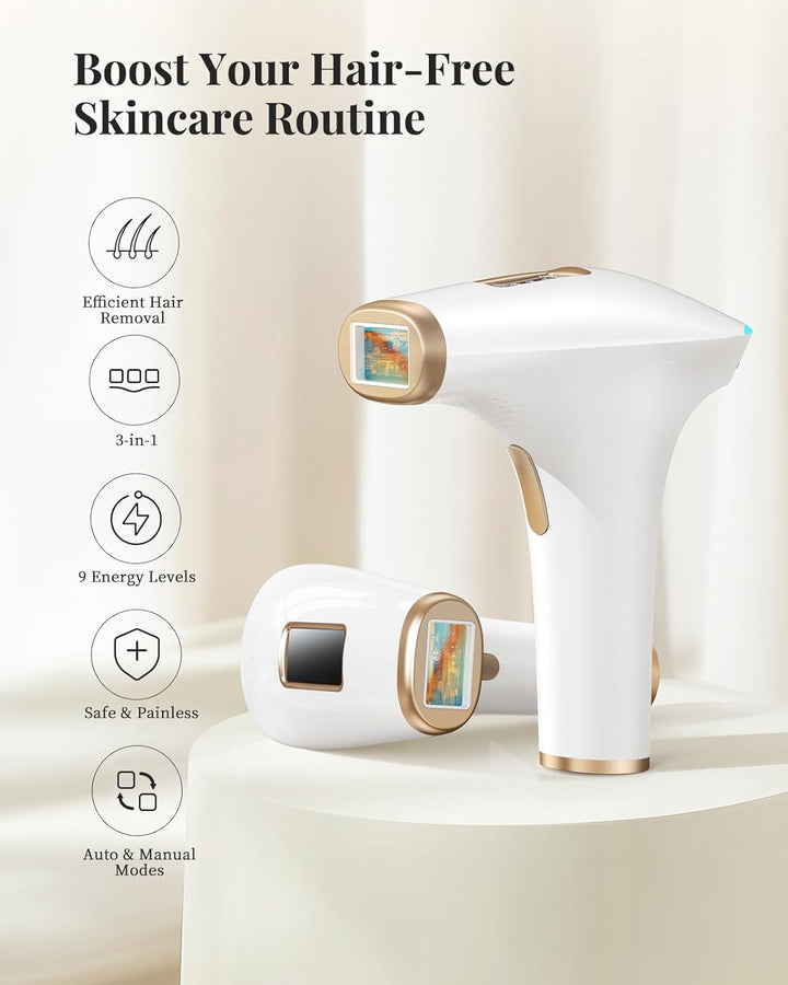 IPL Laser Hair Removal Device with 3-In-1, Faster, Salon Quality Result, at Home IPL Laser Hair Remover Machine for Women and Men, Face, Bikini Line, Body, Leg, Armpit, 9 Level, White Gold