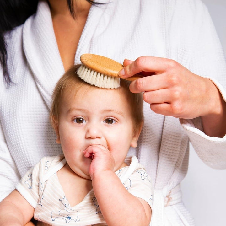 Baby Hair Brush and Comb Set for Newborns, Infants and Toddlers, Brush with Natural Wooden Handle and Super Soft Goat Bristles, Gently Grooms Hair, Maintain Scalp Health, Prevent Cradle Cap