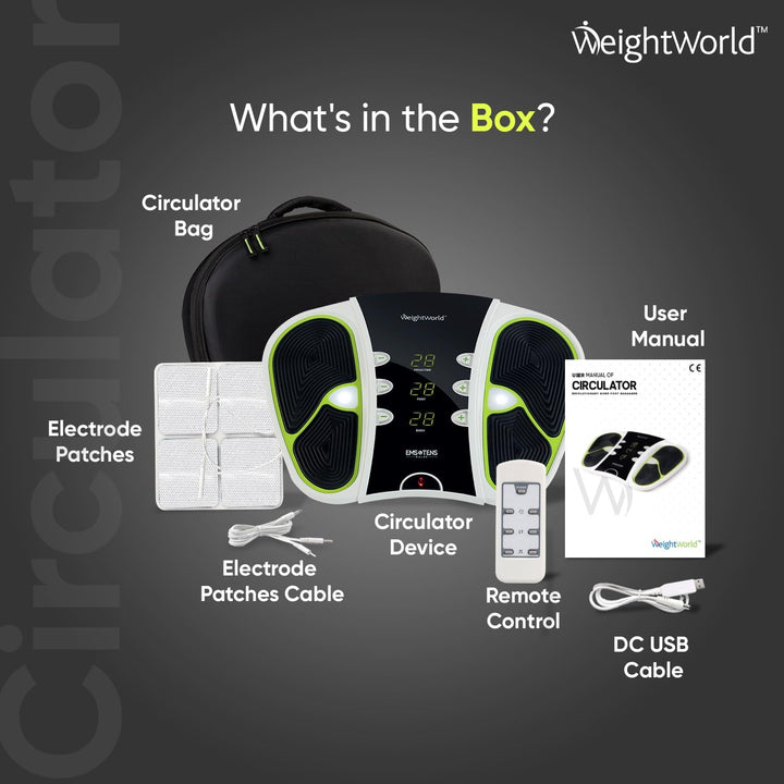 Circulator - Foot Circulation Machine with 99 Intensity Levels - EMS & TENS Foot Massager with Travel Bag, Remote Control & Electrode Pads - Easy to Use, Lightweight & Modern Design