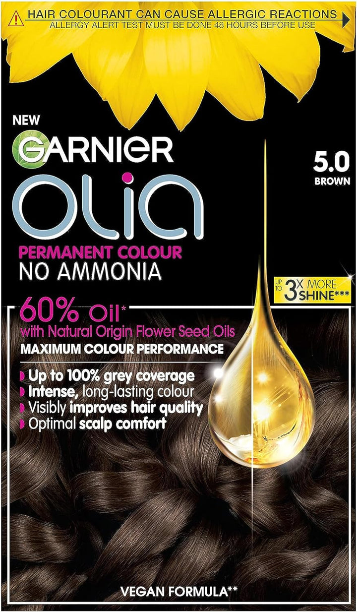 Garnier  5.0 Brown, Oil-Powered, No-Ammonia. 100% Grey Coverage. Luminous, Long-Lasting, Vibrant Brown Hair Color with Exceptional Shine and a Healthy, Nourished Feel.