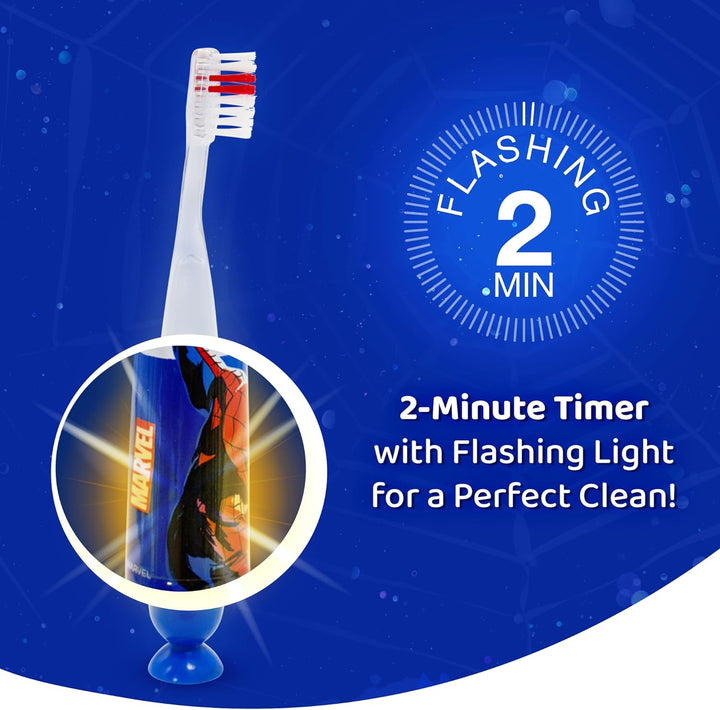 Marvel Spiderman Flashing Toothbrush for Kids with 2 Minute Flashing Light, Comfortable Handle Grip, Soft Rounded Bristles and Suction Cup for Upright Storage for Children Ages 3+