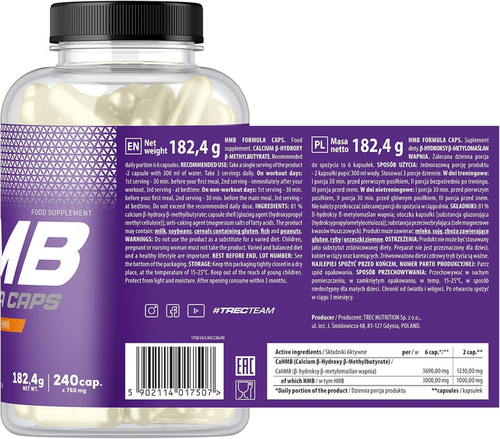HMB Formula Caps - Powerful Anticatabolic Supplement for Lean Muscle Gain, Fat Reduction, and Enhanced Stamina - Hydroxymethylbutyrate (HMB) Metabolic Support - 240 Capsules