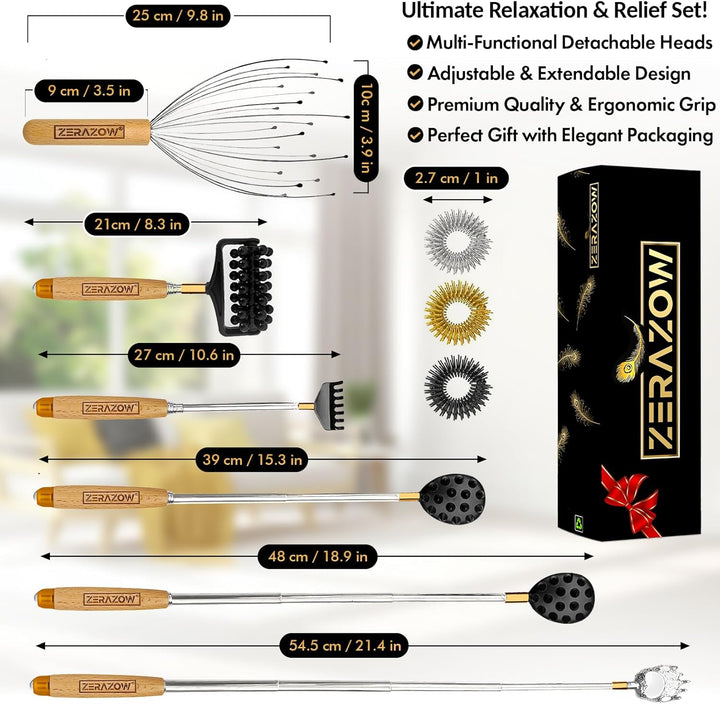 Telescoping Back Scratcher 9 Pcs Set | Backscratcher for Men & Women with 4 Detachable Heads | Scalp & Back Massager Tools | Stocking Fillers for Men | Dad Christmas Gifts | UK Brand