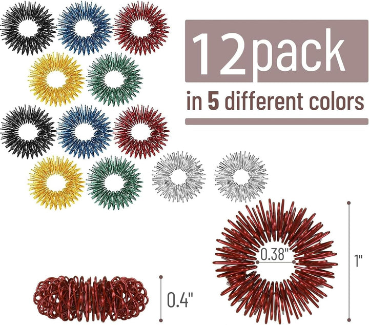 12 Pcs Acupressure Rings,Colorful Pain Stim Fidget Sensory Rings Finger Massager,Improves Blood Circulation Silent Relief Stress Spiky Stimming Fingertip Anxiety Metal Toys for Kids Children Women Men
