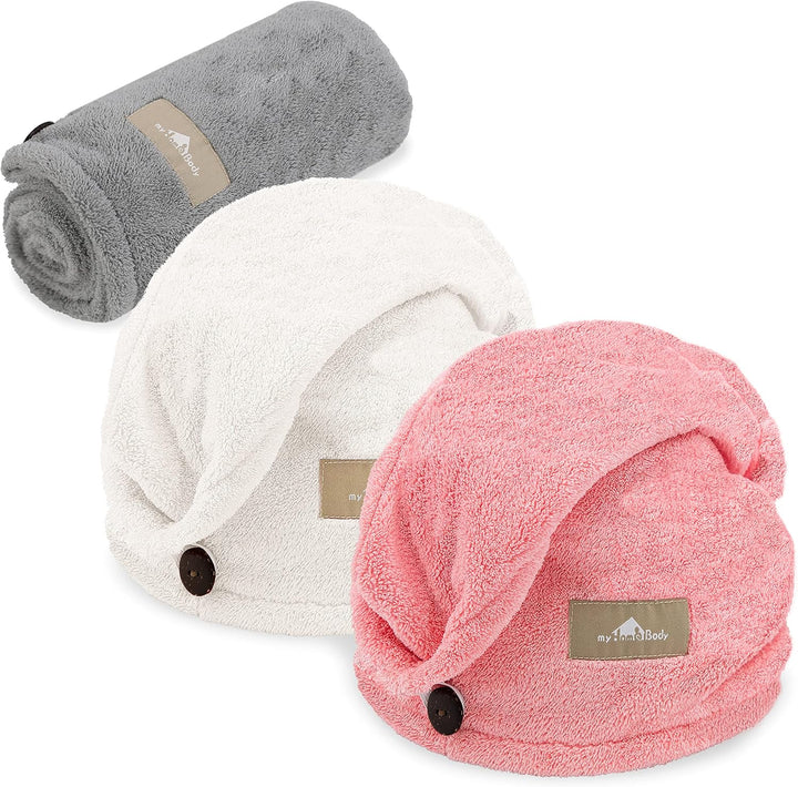Hair Towel Wrap, Luxury Rapid-Dry Hair-Drying Turban, Ultra Soft and Quick Drying Absorbent Charcoal Fiber, with Coconut Shell Button - Gray