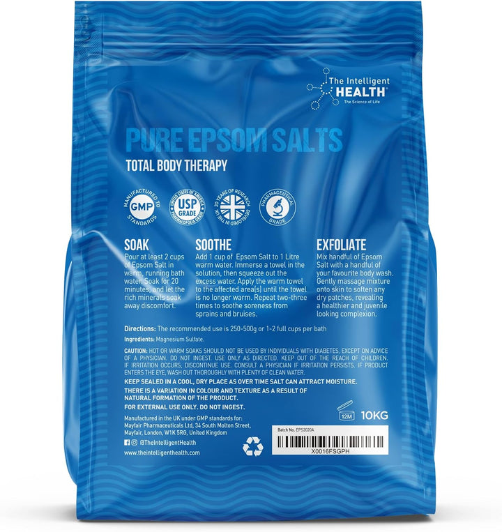 Pure Epsom Salts 10Kg, Total Body Therapy, 100% Pure Premium Quality Magnesium Sulphate Traditional Bath Soak, Fine 1.4Mm Easily Dissolvable Grain Size, Vegan Friendly by