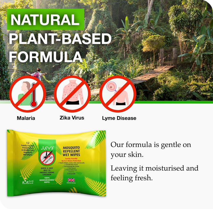 Mosquito Repellent Wipes - 100% Natural & Plant Based, Free of Deet, Alcohol & Harmful Chemicals - up to 6 Hours Insect Repellent Protection - for Sensitive Skin